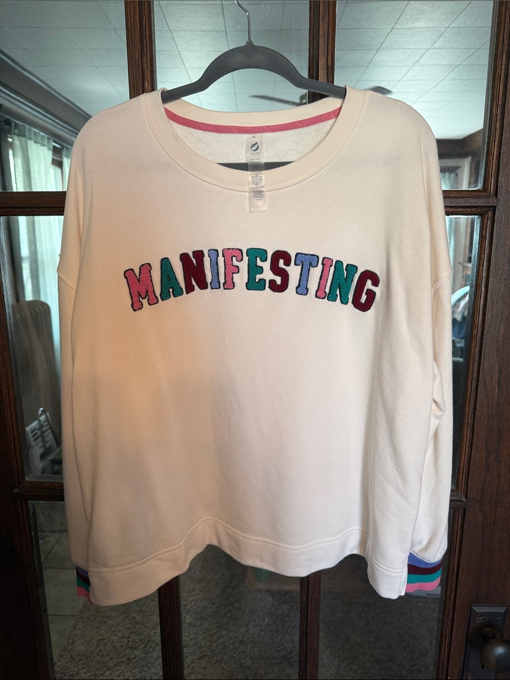 Lou & Grey Manifesting Chenille Graphic Sweatshirt Cream XL‎ Striped Cuffs Relax